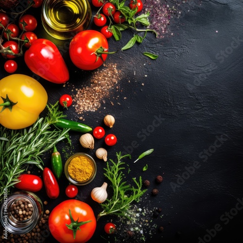 Food background. Top view of olive oil  cherry tomato  herbs and spices on rustic black slate. Generative AI