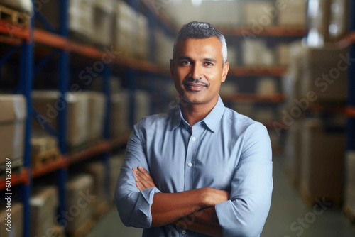 Smiling portrait of male warehouse engineer standing in store factory with his arm crossed looking at camera. Generative AI