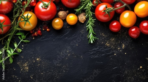 Fototapeta Naklejka Na Ścianę i Meble -  Food background. Top view of olive oil, cherry tomato, herbs and spices on rustic black slate. Generative AI