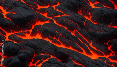 Seamless lava pattern with small stones, texture for graphic design. Realistic lava flame on black ash background. Texture of molten magma surface. Abstract volcanic lava background. Generative AI