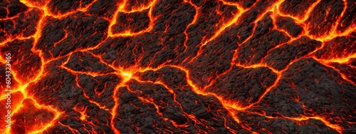 Seamless lava pattern with small stones, texture for graphic design. Realistic lava flame on black ash background. Texture of molten magma surface. Abstract volcanic lava background. Generative AI