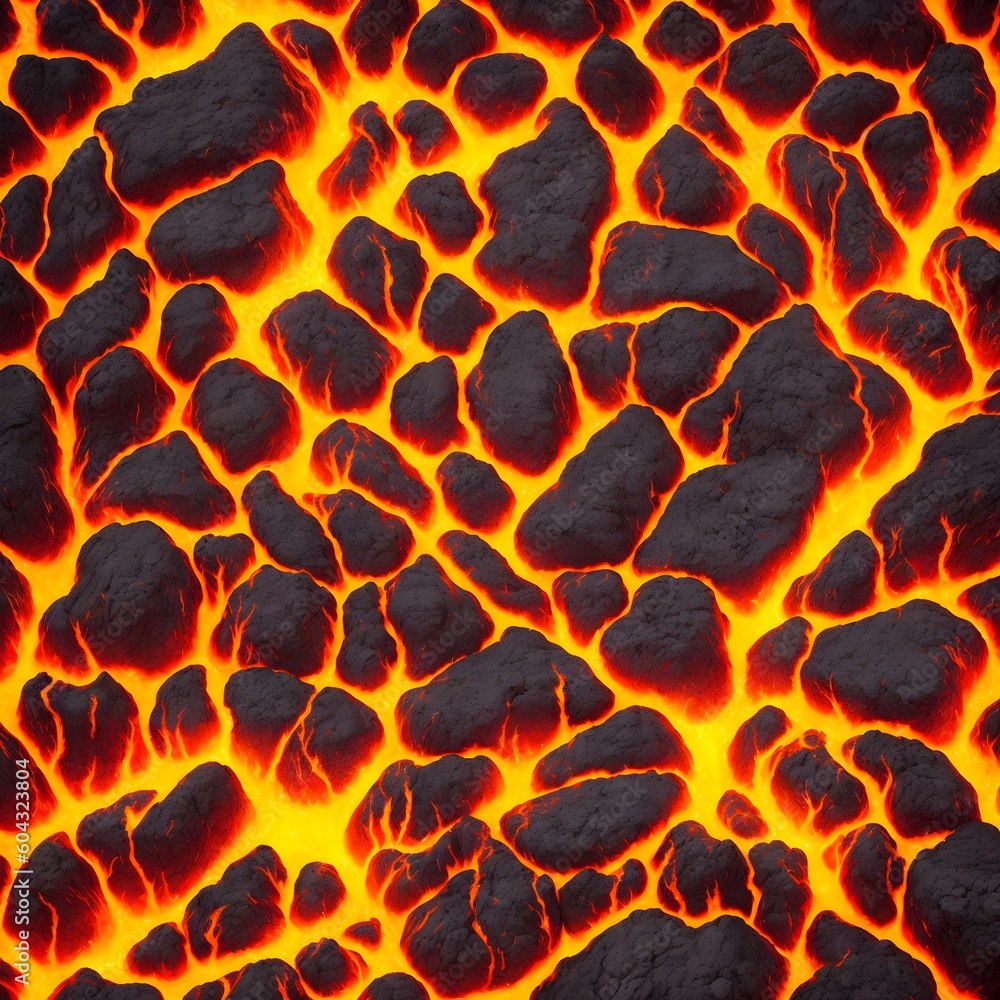 Seamless lava pattern with small stones, texture for graphic design. Realistic lava flame on black ash background. Texture of molten magma surface. Abstract volcanic lava background. Generative AI Seamless lava pattern with small stones, texture for graphic design. Realistic lava flame on black ash background. Texture of molten magma surface. Abstract volcanic lava background. Generative AI