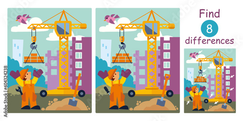Find differences, education game for children. Cute cartoon flat vector illustration with construction site, builder, crane, building, tools.