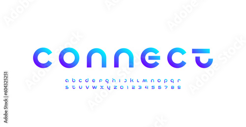 Technology science font, digital cyber alphabet made space future design, Latin lowercase bold letters A-Z and Arab numerals 0-9 modern style