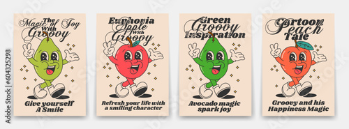 Collection of bright groovy posters 70s. Retro poster with funny cartoon walking characters in the form of fruits and poisons, Apple, avocado, peach and pear. Vintage prints, isolated
