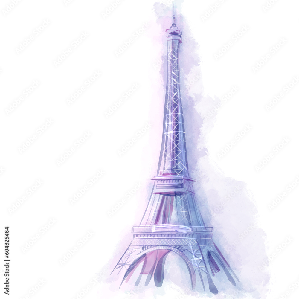 Watrcolour illustration of Eiffel Tower. Travel to Paris poster, greeting card, print with hand drawn calligraphy lettering. France famous symbol isolated on white background