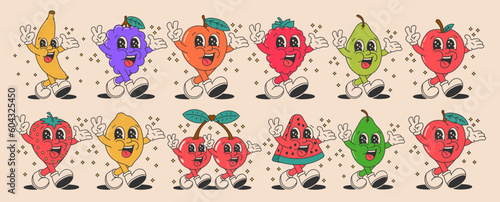 Collection of bright walking happy cartoon characters 70s. Retro fruits and berries, cheerful vegetables waving their hands and smiling