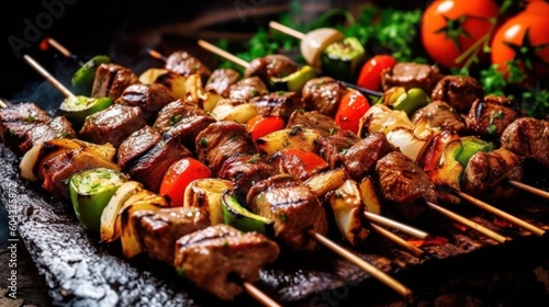 Grilled meat skewers, shish kebab. Juicy and tasty grilled shashlik. Generative AI