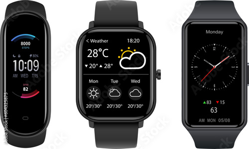 Smartwatch collection, realistic wrist watches isolated on white