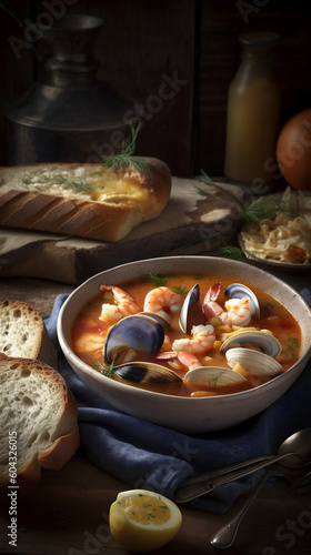Close up delicious food, assorted seafood soup with bread
