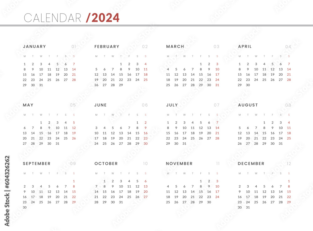 2024 Annual Calendar template. Vector layout of a wall or desk simple calendar with week start monday. 2024 Annual Calendar template. Vector layout of a wall or desk simple calendar with week start monday.