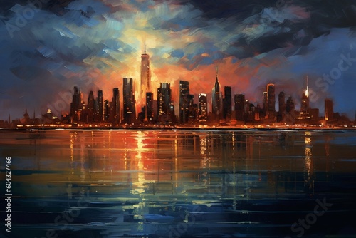 Nightfall Symphony: A Captivating Oil Painting of a City's Horizon