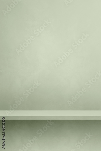 Empty shelf on a light green concrete wall. Background template. Vertical mockup