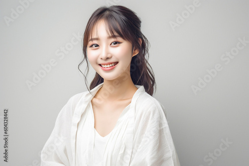 笑顔の女性のポートレート　カメラ目線　白背景　AI生成画像　ジェネレーティブ　AI