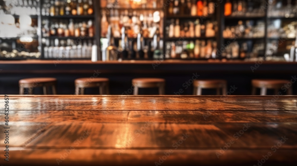 Empty wooden table and countertop with blurred bar background for product placement design, Generative AI