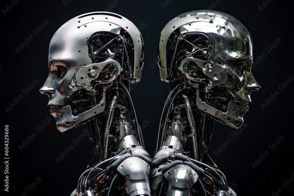 Two robots in profile stand with their backs to each other, isolated on a black background. Generative AI Two robots in profile stand with their backs to each other, isolated on a black background. Generative AI