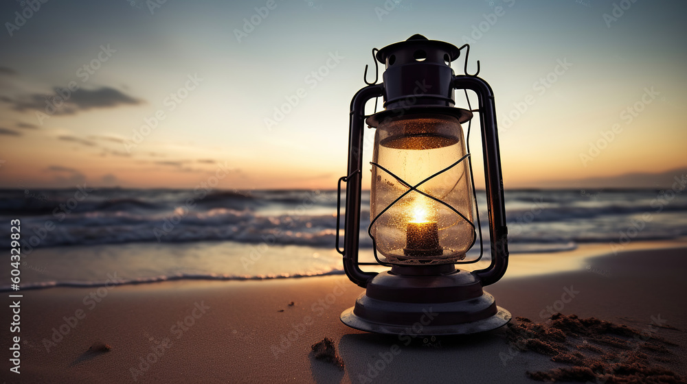 An old lantern on the beach in sunset, in the style of photorealistic pastiche, Generative AI