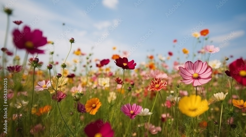 春夏の草原に咲く色とりどりのコスモスの花、青空を背景にした自然GenerativeAI