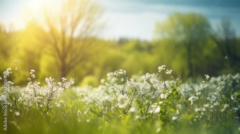 晴れた日に咲き乱れる木々や青空など、美しいボケのある春の背景自然GenerativeAI