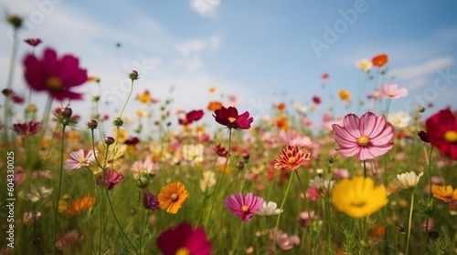 春夏の草原に咲く色とりどりのコスモスの花、青空を背景にした自然GenerativeAI © enopi