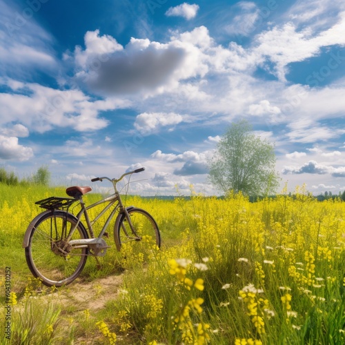 晴れた日の雲のある青空を背景に、花の咲く草原を走る自転車が美しい春夏の自然風景GenerativeAI © enopi