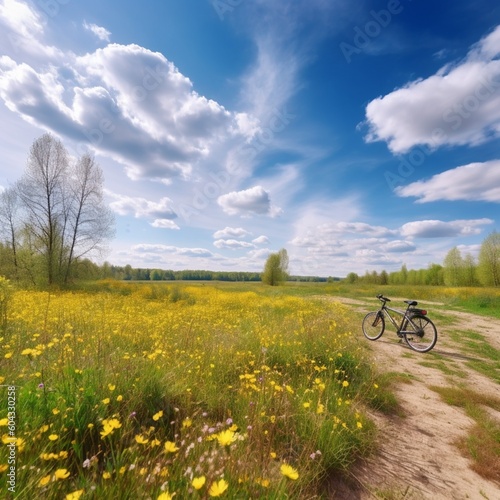 晴れた日の雲のある青空を背景に、花の咲く草原を走る自転車が美しい春夏の自然風景GenerativeAI