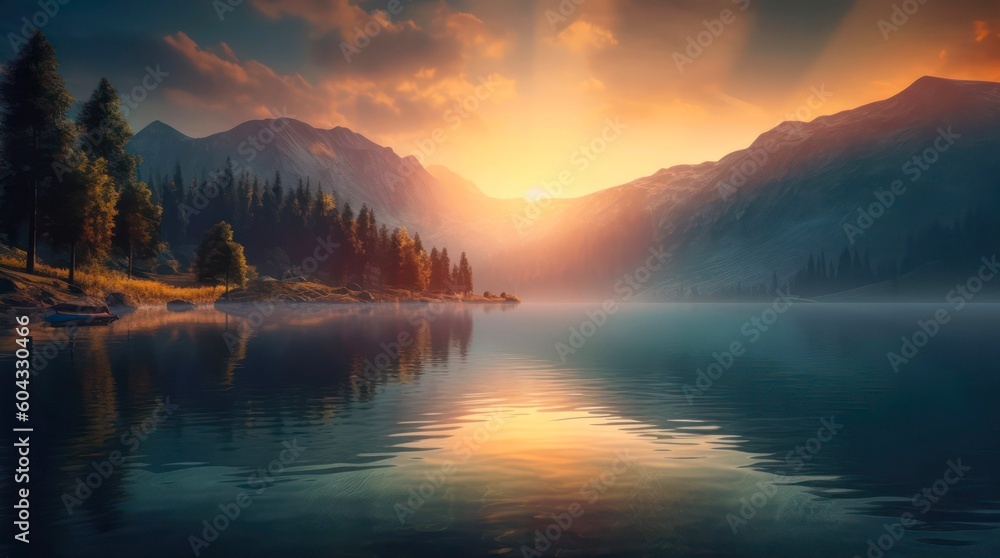Sunset over the lake and mountains. Amazing landscape of calm beautiful nature in the light of setting sun. Generative AI.
