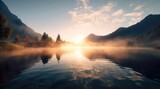 Sunrise over the lake and mountains. Amazing landscape of calm beautiful nature in the light of rising sun. Generative AI.