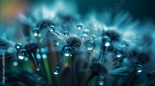 青とターコイズブルーの美しい背景に、水滴に包まれたタンポポの種をソフトフォーカスで撮影したネイチャーマクロ。光線に照らされたタンポポの上に輝く露のしずくGenerativeAI