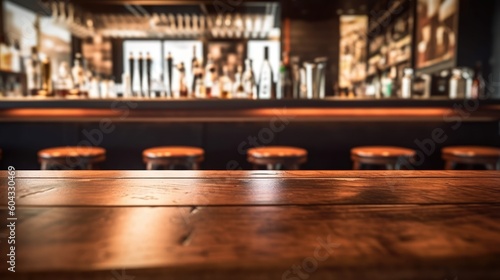 Empty wooden table and countertop with blurred bar background for product placement design, Generative AI