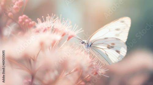 繊細なピンク色のロマンチックな自然の花の背景と花の上の白い蝶、美しいボケとパステルカラーの柔らかい昼間に、クローズアップマクロGenerativeAI
