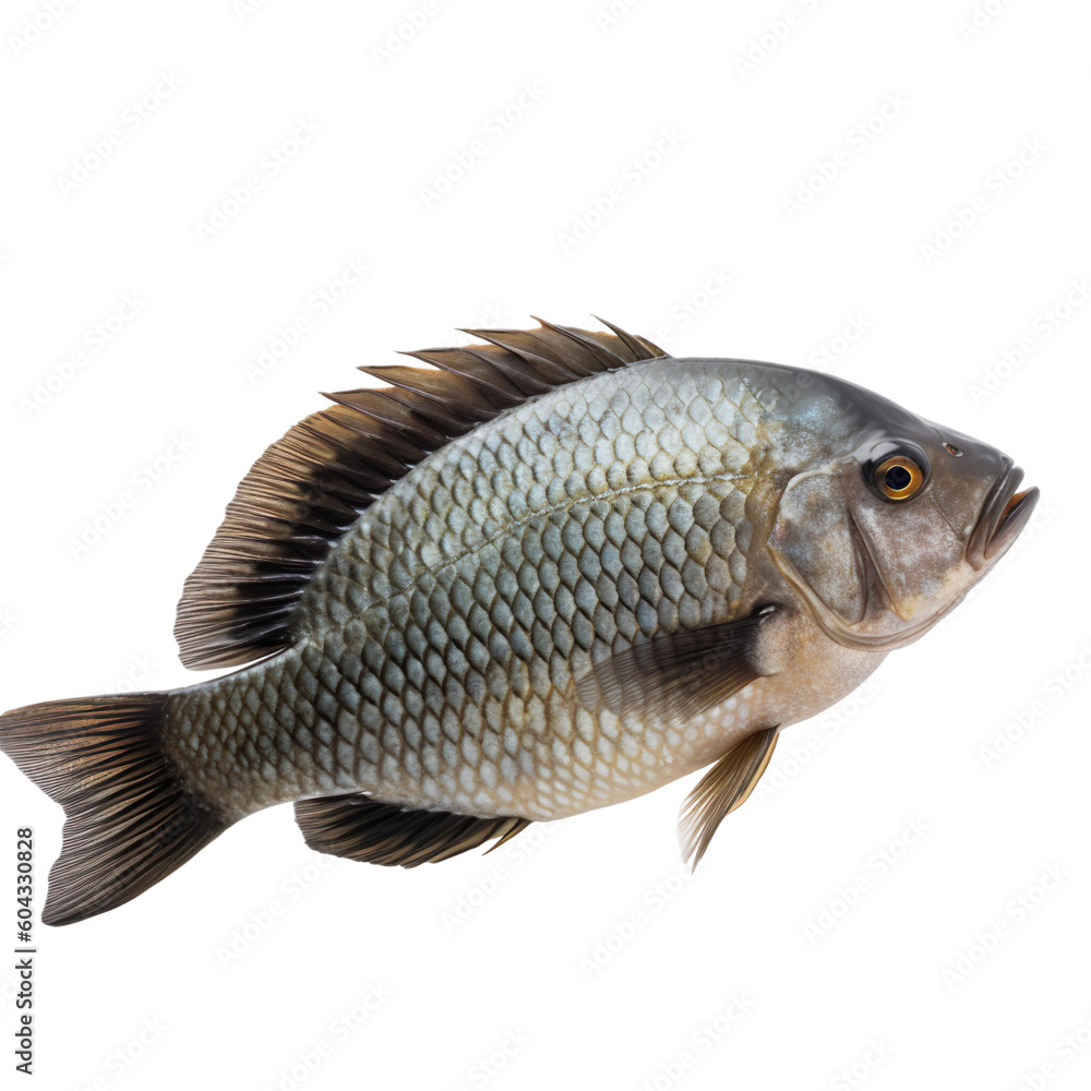 Fototapeta premium side view of Tilapia fish isolated on a transparent background, Generative ai
