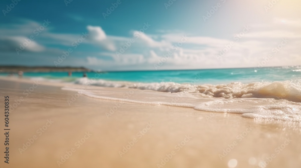 抽象的なぼかしデフォーカスの背景。金色の砂浜、ターコイズブルーの海、白い雲と青い空、明るい晴れた日のトロピカルな夏のビーチ。夏休みのカラフルな風景GenerativeAI