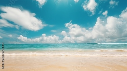 抽象的なぼかしデフォーカスの背景。金色の砂浜、ターコイズブルーの海、白い雲と青い空、明るい晴れた日のトロピカルな夏のビーチ。夏休みのカラフルな風景GenerativeAI