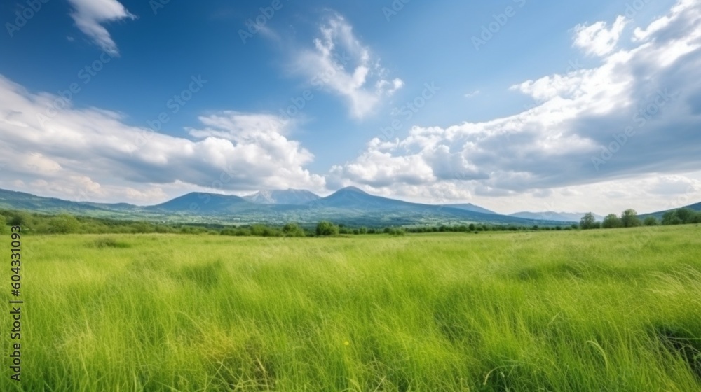 緑の草原、青空、雲、山々を背景にしたパノラマ自然風景。夏の春の草原をパノラマで表現しました。浅い被写界深度GenerativeAI