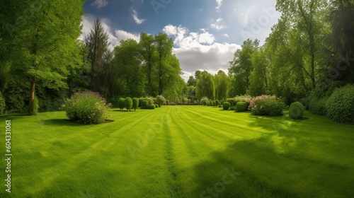 明るい夏の日、木々や低木に囲まれた手入れされた田舎の芝生の美しいワイドフォーマットの画像。春 夏 自然GenerativeAI