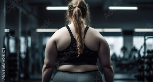 Overweight woman in a gym. Body positive concept. Generative AI