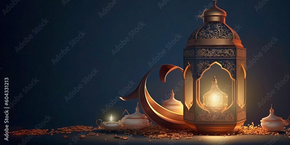 Islamic background with shining lantern and crescent moon made with ...