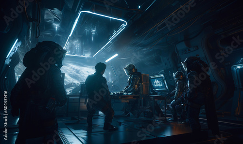 Space squad inside the futuristic ship. Spacemen in full pressure suits in the pilot cabin. Generative AI.