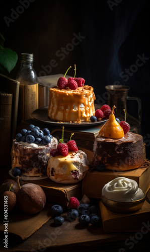 Home-made cakes with fruit and berries. Variety of desserts in the rustic interior. Generative AI.