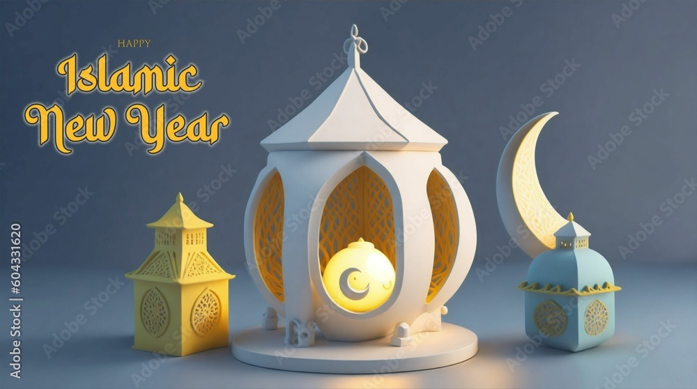 Obraz premium islamic new year background with lantern and moon