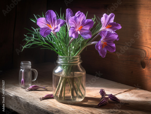 Bouquet of Purple Crocuses in Vintage Vase on Rustic Wooden Table with Soft Natural Light (Generative AI)