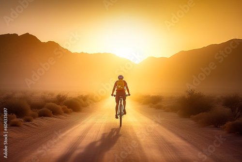 Rear view of a bicyclist in uniform and helmet on a bike. Sportsman in the desert at sunset. Generative AI. © Vadim