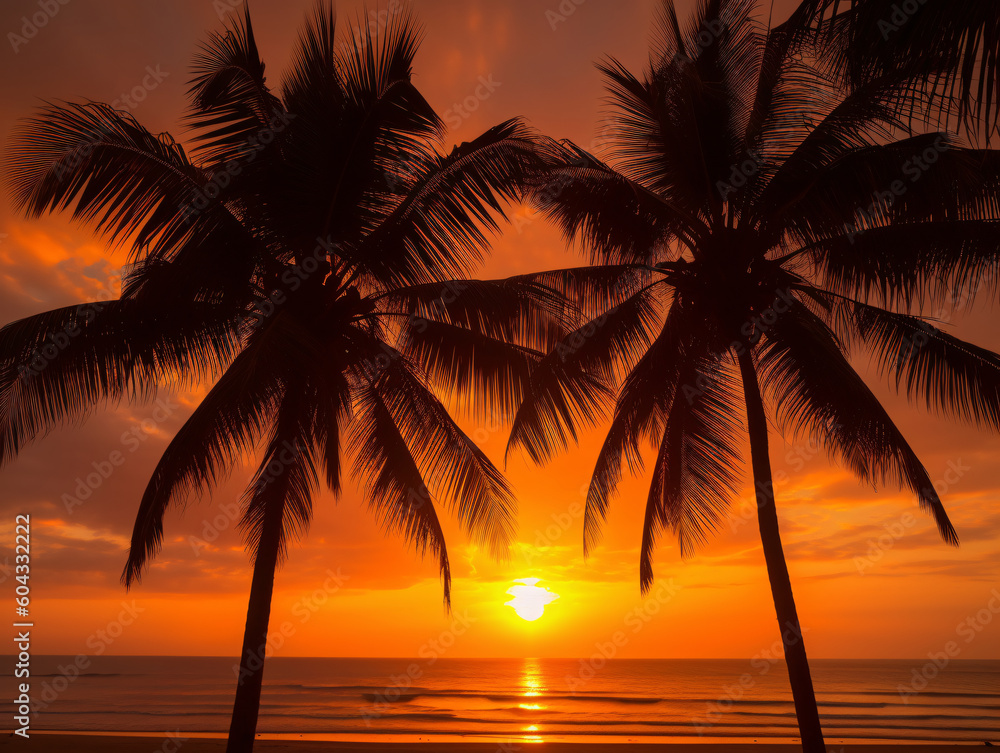Tropical Sunset with Palm Trees Silhouetted Against Vibrant Orange Sky (Generative AI)