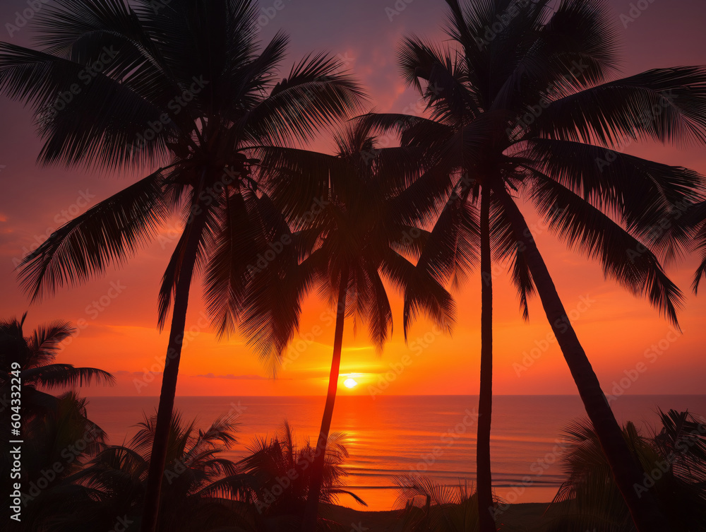 Orange Skies and Palm Trees: Capturing the Beauty of a Tropical Sunset (Generative AI)