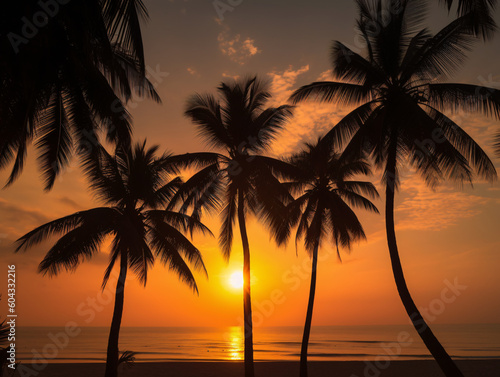 Serene Tropical Paradise: A Stunning Sunset Over a Beach with Palm Trees (Generative AI)