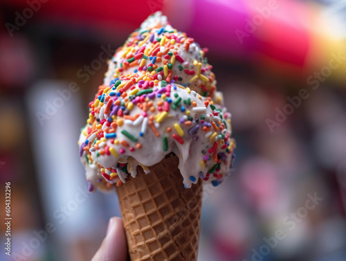 Melting ice cream cone with colorful sprinkles on hot summer day, close-up shot with shallow depth of field and blurred background (Generative AI)