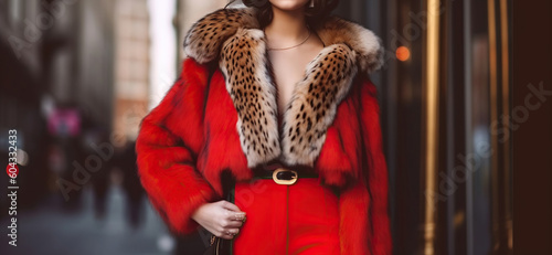 Fashionable woman wearing luxury outfit with fur coat, golden belt and red costume. Generative AI