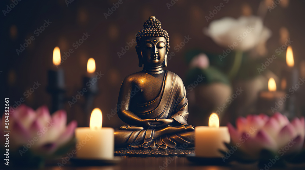 Buddha statue in meditation with lotus flower and burning candle. Meditation, spiritual health, searching zen concept. Generative AI