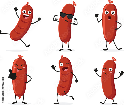 sausage cute cartoon character set isolated on white background